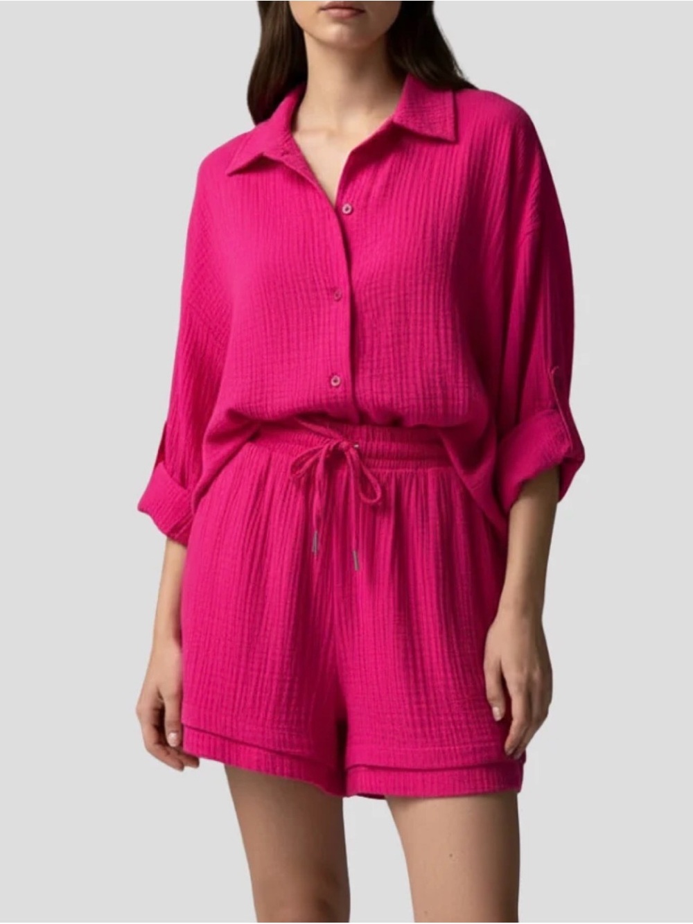 Women’s Hot pink Button-Front long sleeve and shorts Set